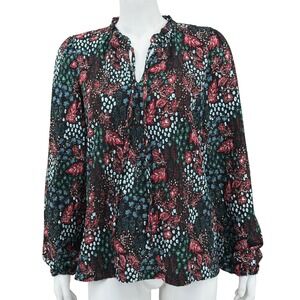 Ann Taylor LOFT Top Womens Medium Black Dark Floral Boho Ruffle‎ V-Neck Textured